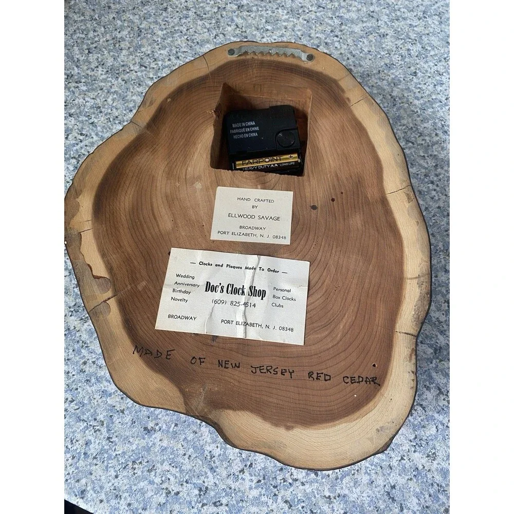 Vtg Hand Made Wood Slab Live Edge quarts wall  Clock w Train  Railroad Crossing